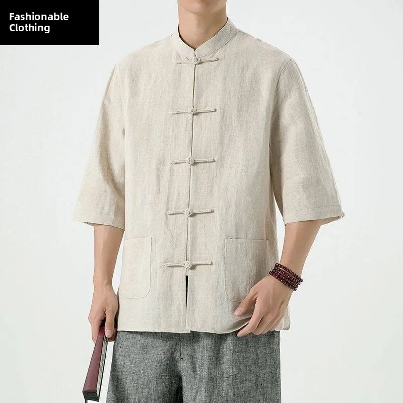 

Мужская льняная рубашка-куртка в стиле Тан с рукавом 3/4, на пуговицах, из хлопка и льна, летняя модная повседневная одежда для мужчин среднего возраста