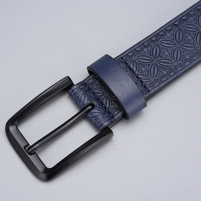 Western Zinc Alloy Embossed PU Leather Men Belt Fashion Blue Coffee Brown Business Belt for Mens