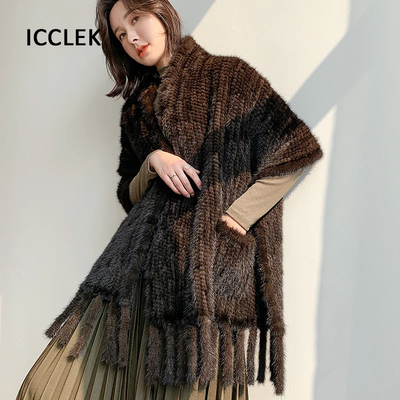 Mink Fur Shawl Women Winter Warm Luxury Large Size Fur Scarf Ladies Knitted Fur Scarves Women Wraps Evening Party Bridal Shawls