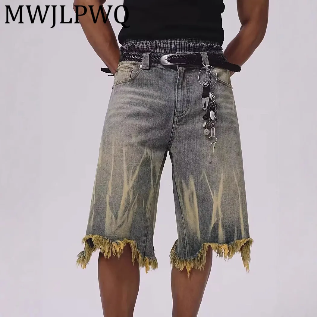 

MWJLPWQ Американские винтажные джинсовые шорты с матовой желтой грязью, окрашенные в грязь, унисекс, свободные брюки с грубыми краями, модные брюки с пятью точками 11995