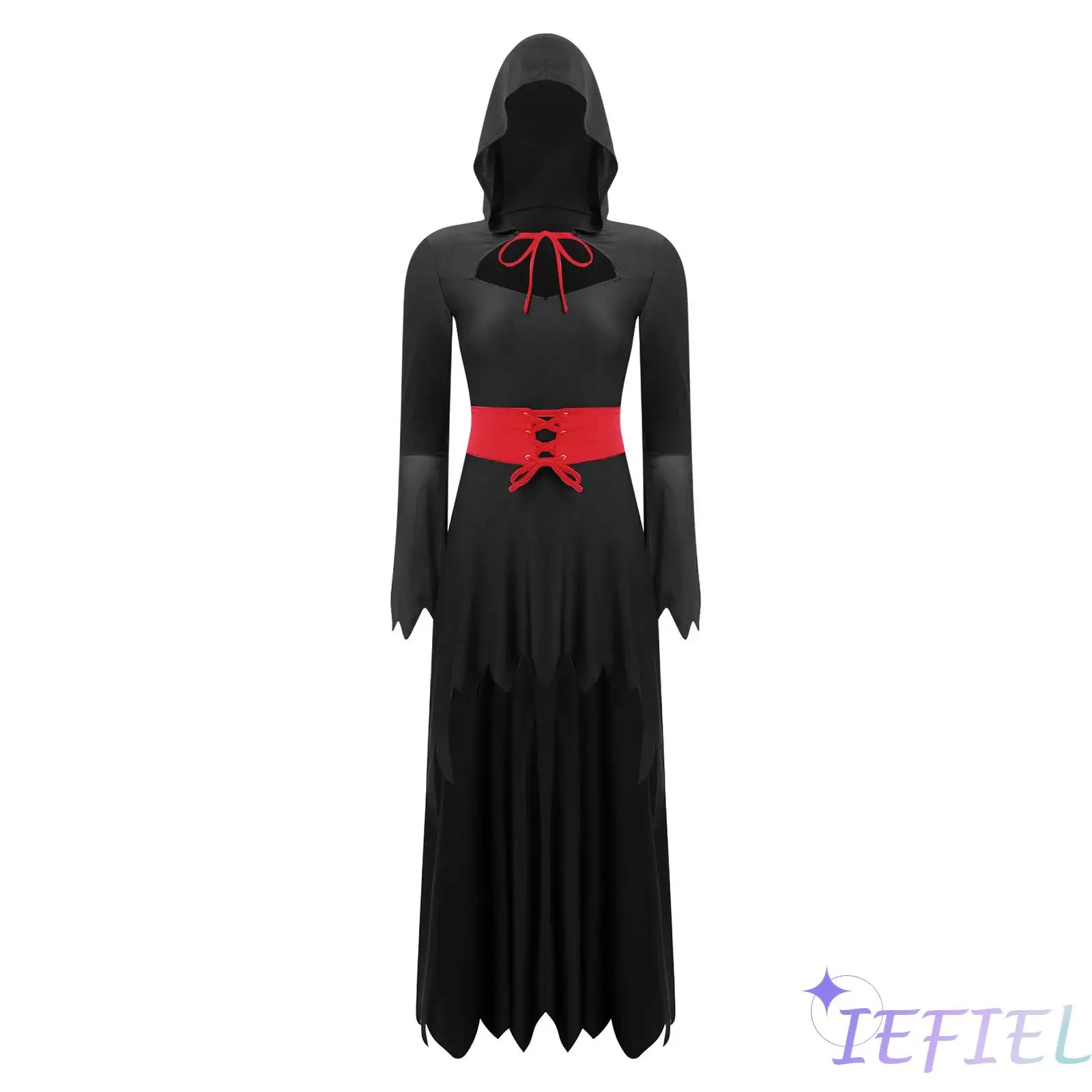 

Womens Halloween Devil Cosplay Dress And Waist Belt Flared Long Sleeve Jagged High-low Hem Hooded Dress for Fancy Dress-up Party