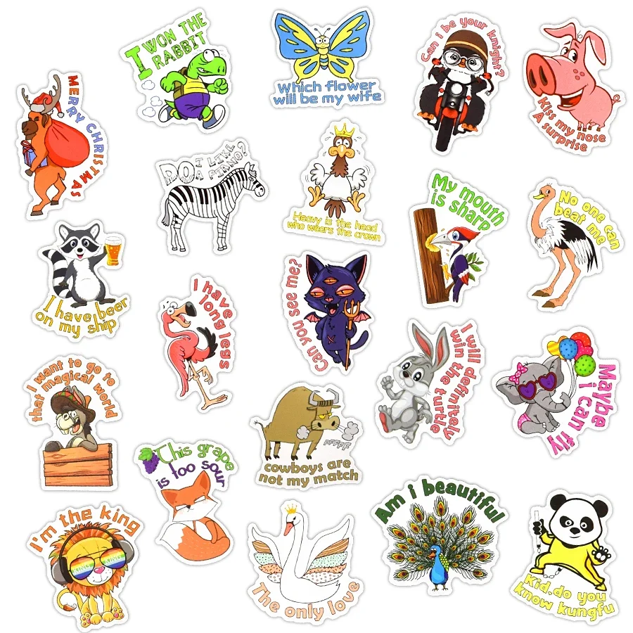 50 PCS Cartoon Animal Stickers Saying Proverb Funny Animal Cute Stickers for Kids DIY Scrapbook Car Bike Kettle Decal Waterproof