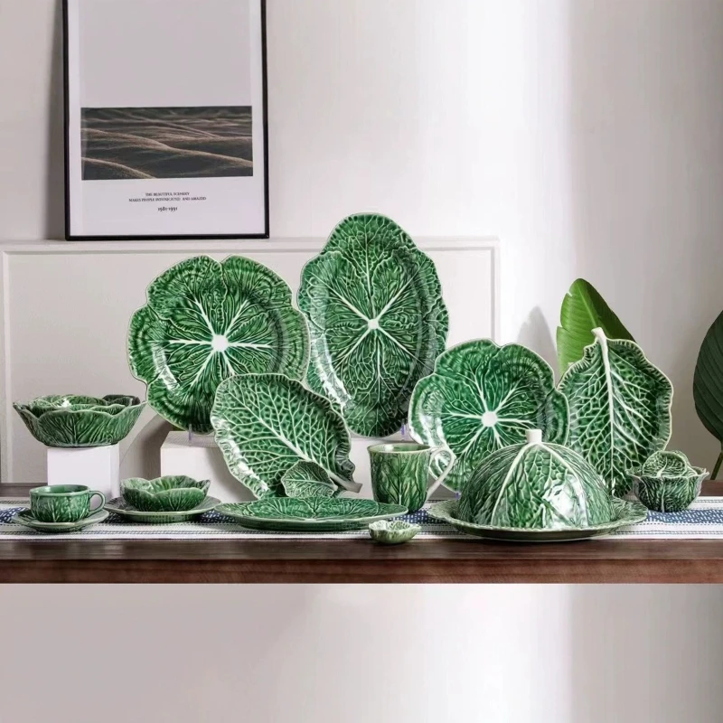 Green cabbage bowl plate 9-inch salad bowl White cabbage special-shaped rice  Lace breakfast  Solid color petal