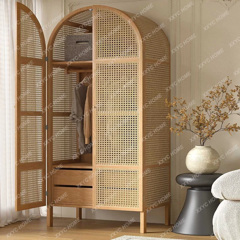 

Solid Wood Rattan Wardrobe Minimalism Style Storage Clothes Closet Bedroom Furniture Wabi-sabi Style Closet