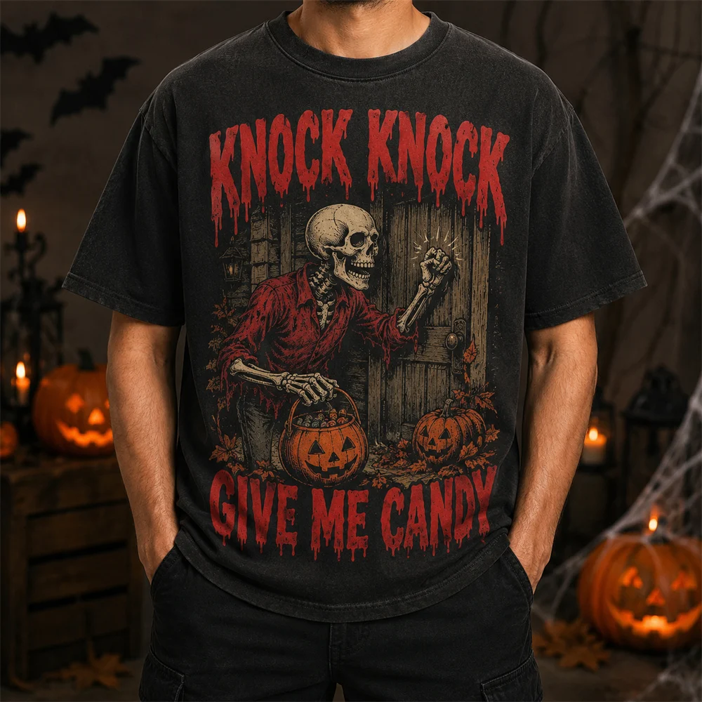 Halloween Skeleton T-shirt Men Vintage Pumpkin Candy 3D Print Tee Trick Or Treat Horror Skull Casual Streetwear Party Tee Top