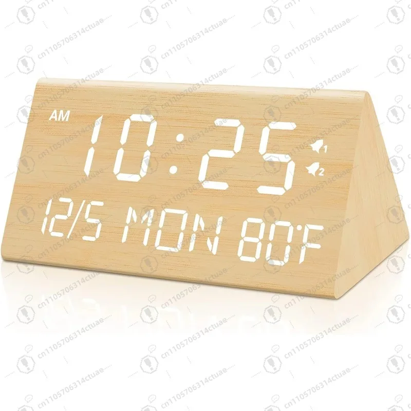 

1PC Modern Multifunctional Desktop Electronic Triangle Table Wooden LED Digital Alarm Clock with Temperature Humidity