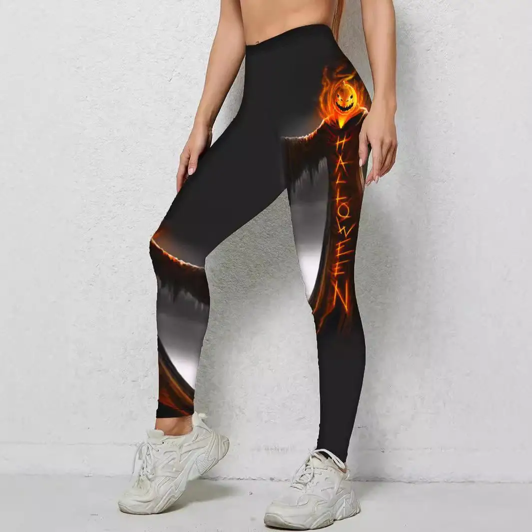 Sexy Tight Halloween Ghost Pumpkin Letter Print Yoga Pants Elastic Sporty Base Layer Trousers for Women Milk Silk Fabric