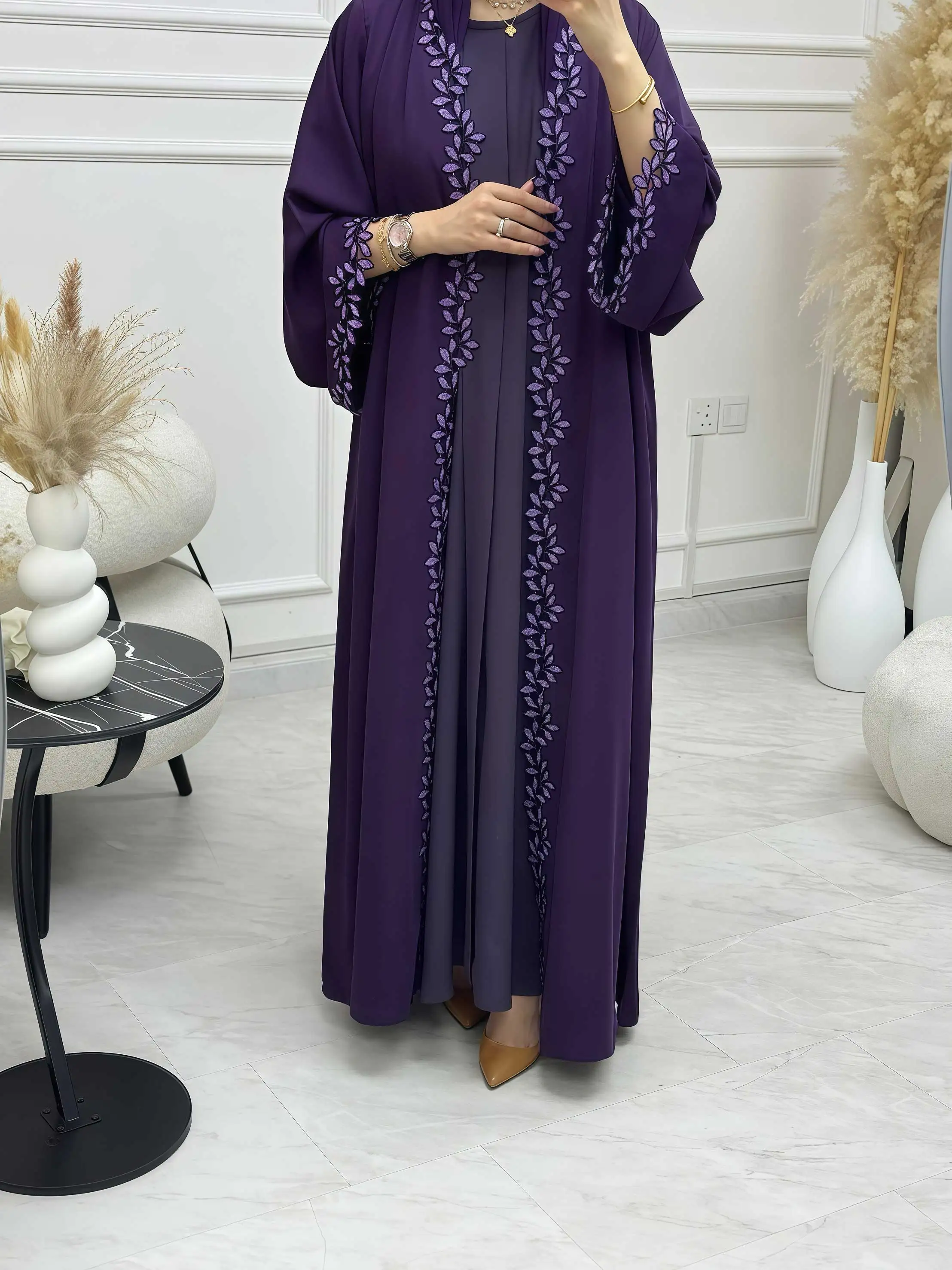 

Muslim Women Purple Abaya with Delicate Multicolored Leaf Embroidery Merging Modesty and Elegance for Daily and Special Occasion