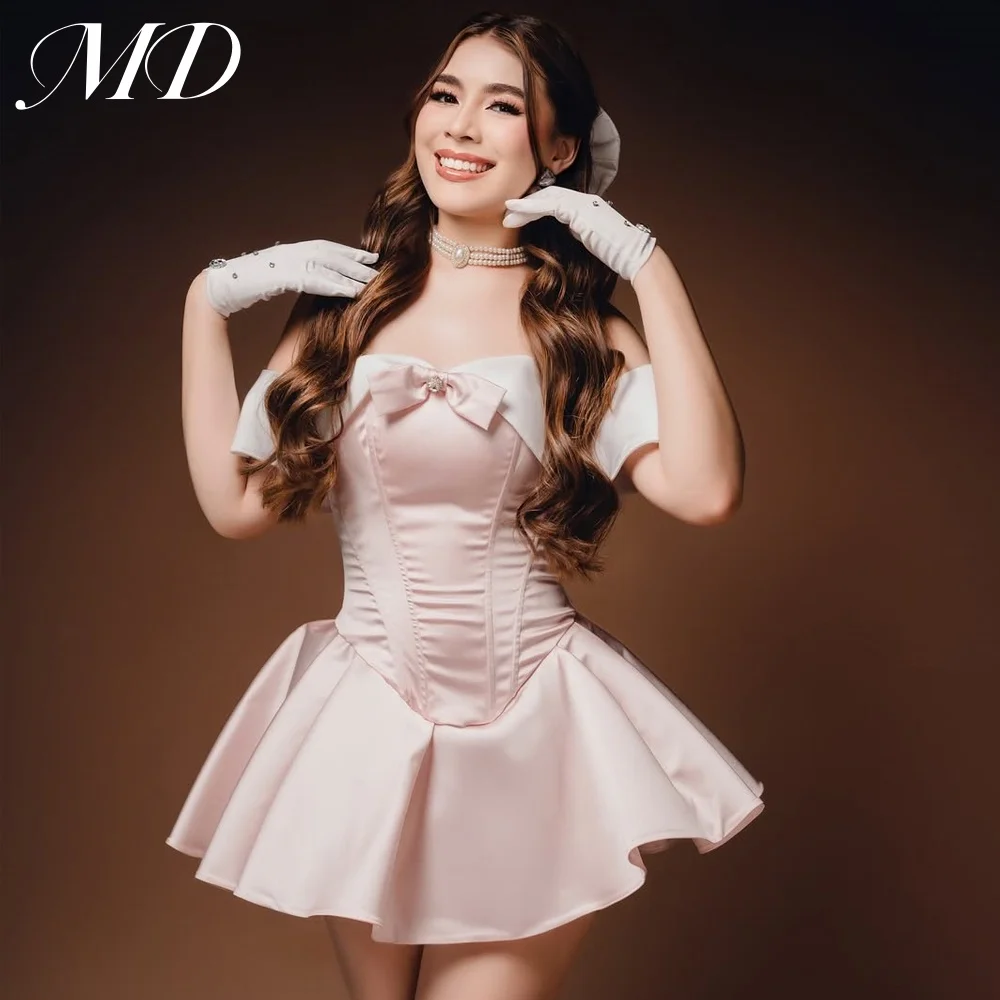 

MD New Cute Pink A-line Short Evening Gown Satin Bow Off Shoulder Pleat Cocktail Prom Gown Birthday party dress Customized 2025