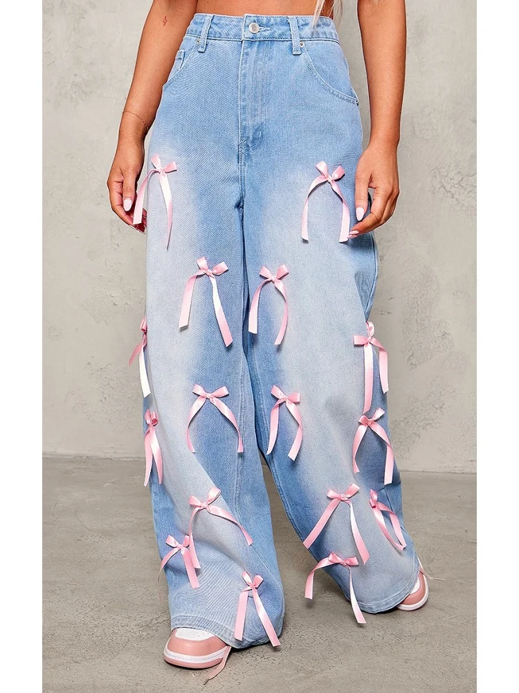 Spring Autumn Bow Y2k Jeans Women Wide Leg Long Pants High Waist Straight Trousers Streetwear Elegant Casual Loose Party Club