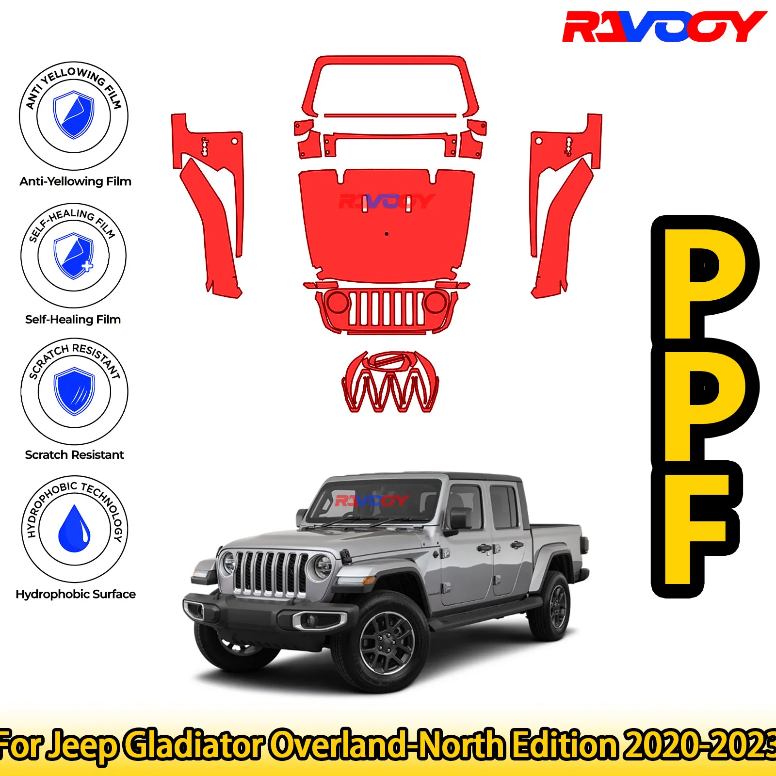 

For Jeep Gladiator Overland-North Edition 2020-2023 Glossy Matte Black Precut front PPF Kit Paint Protection Film