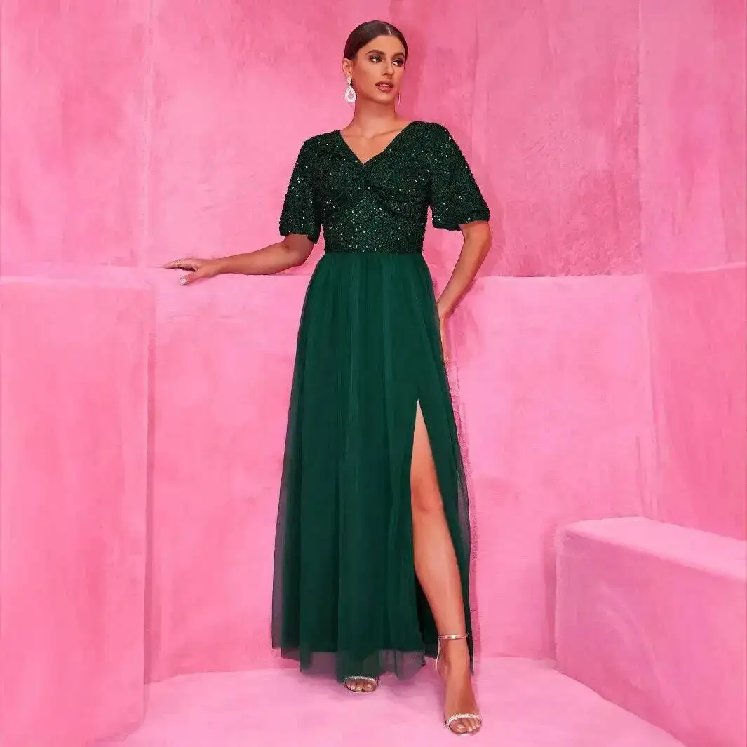 

A-list Sequined New Elegant Dress with Short Sleeved Patchwork Double V-neck A-line Sheer Evening Gown Dress Robe Vestido Women