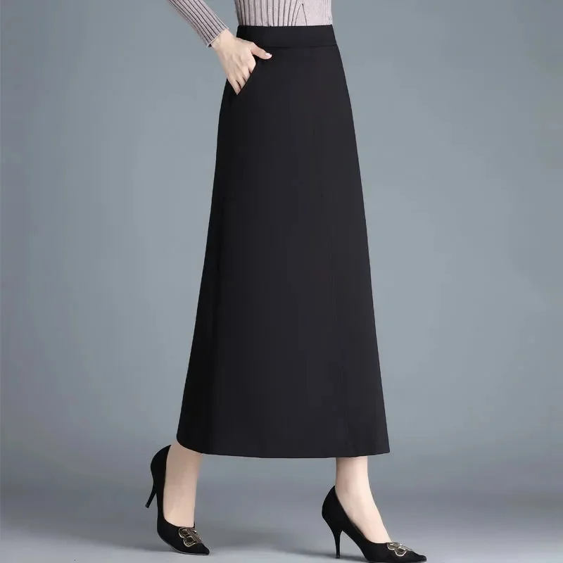 Spring Autumn Large Size A-Line Skirts Women Elastic High Waist Black Long Skirt Female Casual Maxi Skirts 5 Different Lengths