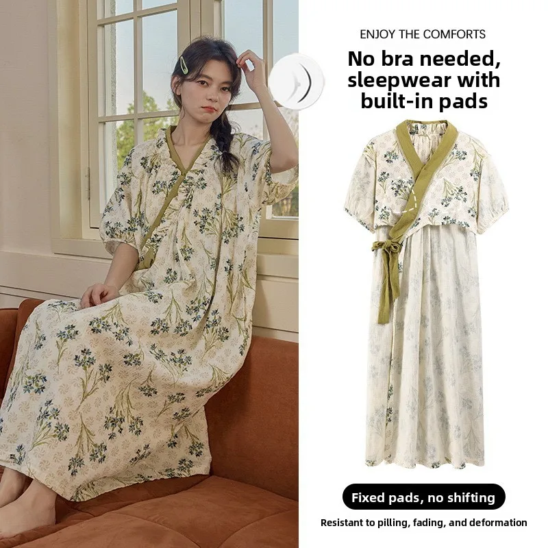 

Summer Thin Short Sleeve Sleep Dress Women's Long Dress Nightgown with Chest Pad Sweet Style Indoor Outdoor Wear Polyester