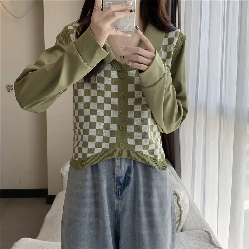 2024 New Woman's Clothes Fake Two Pieces Buttons Niche Knit Sweater Checkerboard Long Sleeved Top Lively Trend Casual Fashion