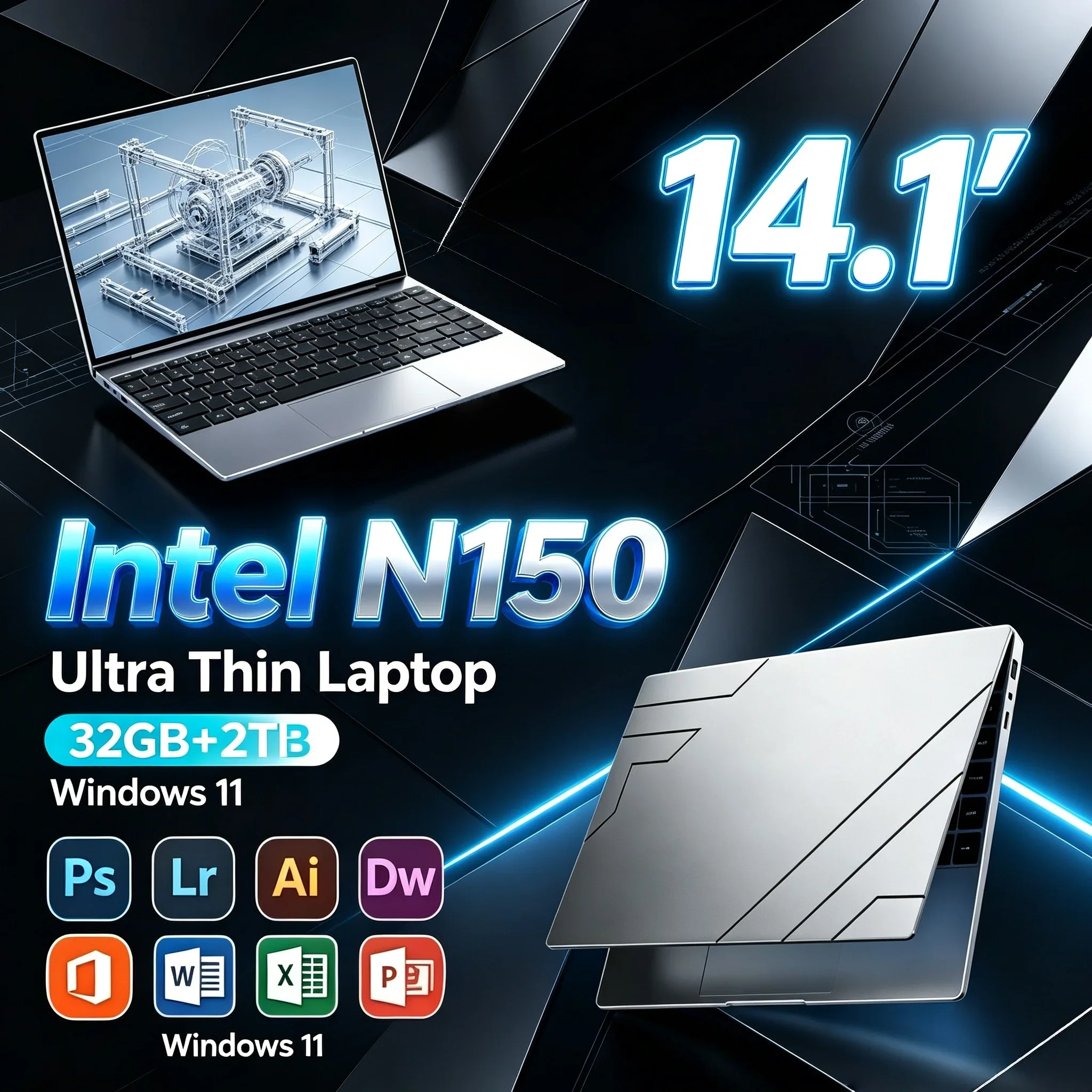14.1'' Inch Portable High-Speed Notebook Intel N150 32GB RAM 1TB/2TB SSD Windows 11 Laptop For Home Office Student Use