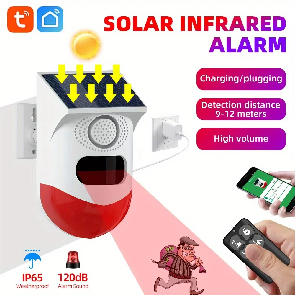 Tuya Smart WiFi Solar Infrared Alarm Wireless Outdoor PIR Motion Detector Human Sensor Home Security Burglar System 433MHZ Siren