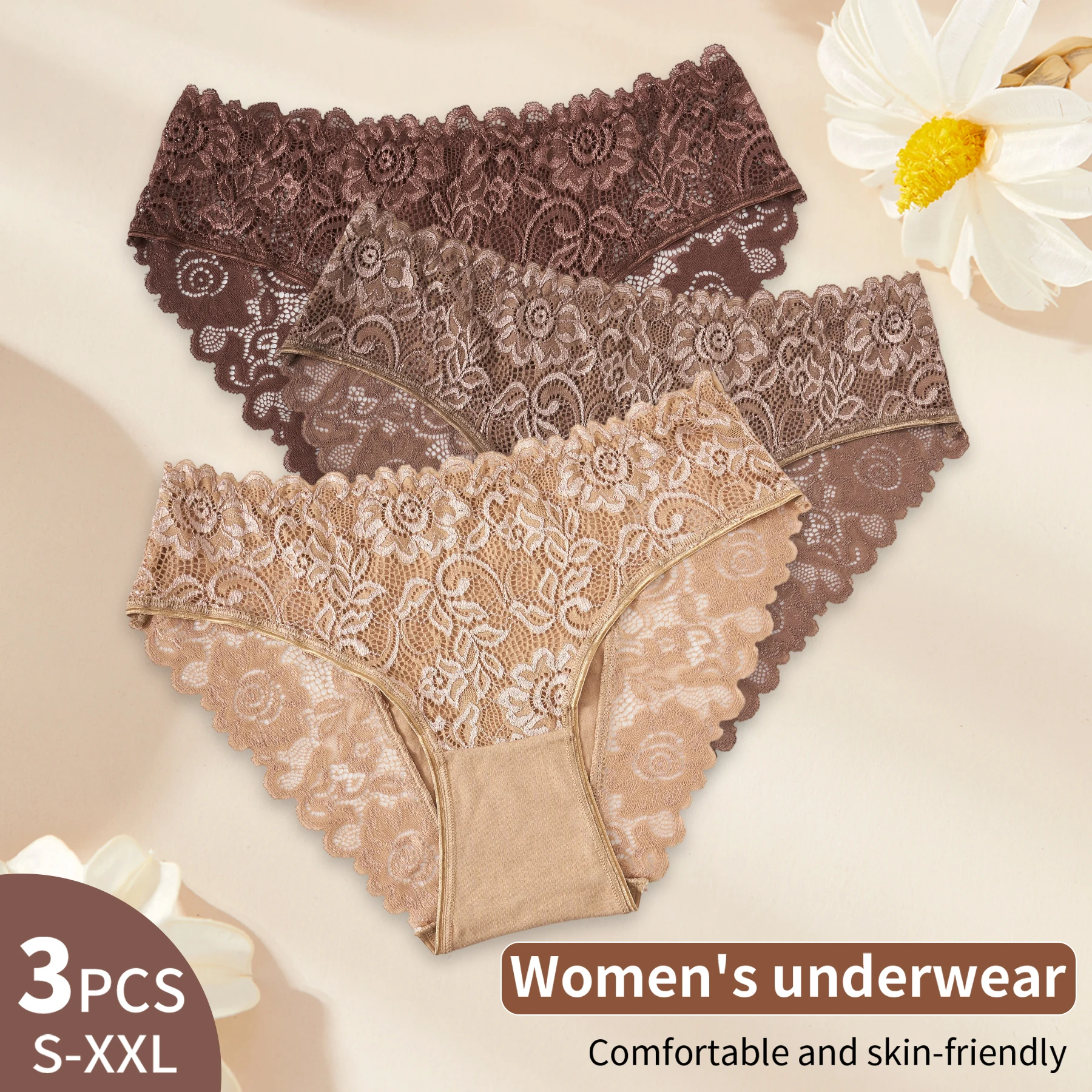 3 قطعة سراويل نسائية قطنية جديدة أنيقة من الدانتيل بتصميم زهور سراويل داخلية مريحة من القماش بلون سادة ملابس داخلية أنيقة وجيدة التهوية