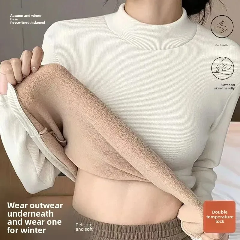 

Женская утолщенная флисовая подкладка, приталенная трикотажная базовая рубашка с длинным рукавом, полувысокий воротник, антипиллинг, осенне-зимняя теплая футболка