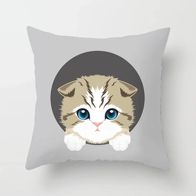 Cute Cat Round Head Home Decor Cushion Cover Naughty  Sofa Car Decoration 45x45cm Pillowcase Square Polyester