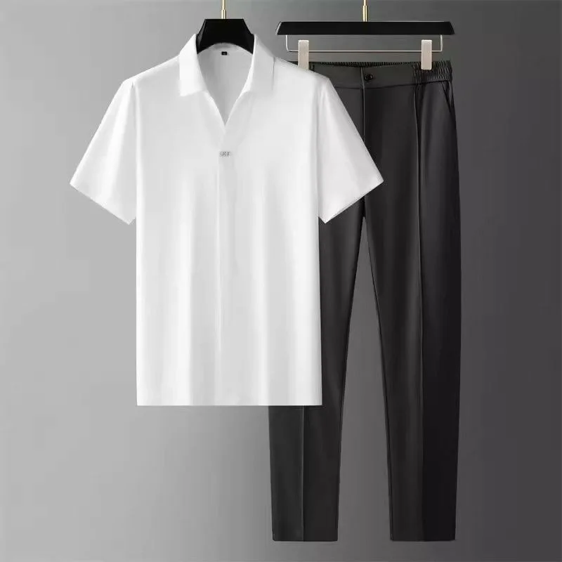 

New Pure Color Sports Fitness Ice Silk Short-Sleeved T-shirt Set Men's Casual Loose Breathable Large Size Two-Piece SetYY120