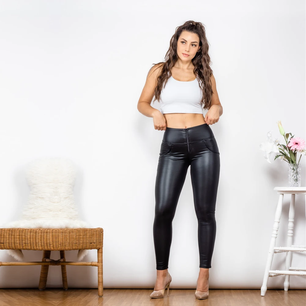 Leggings de cuero negro mate para mujer, pantalones moldeadores de realce de glúteos de cintura alta, ajustados, rectos, Pu