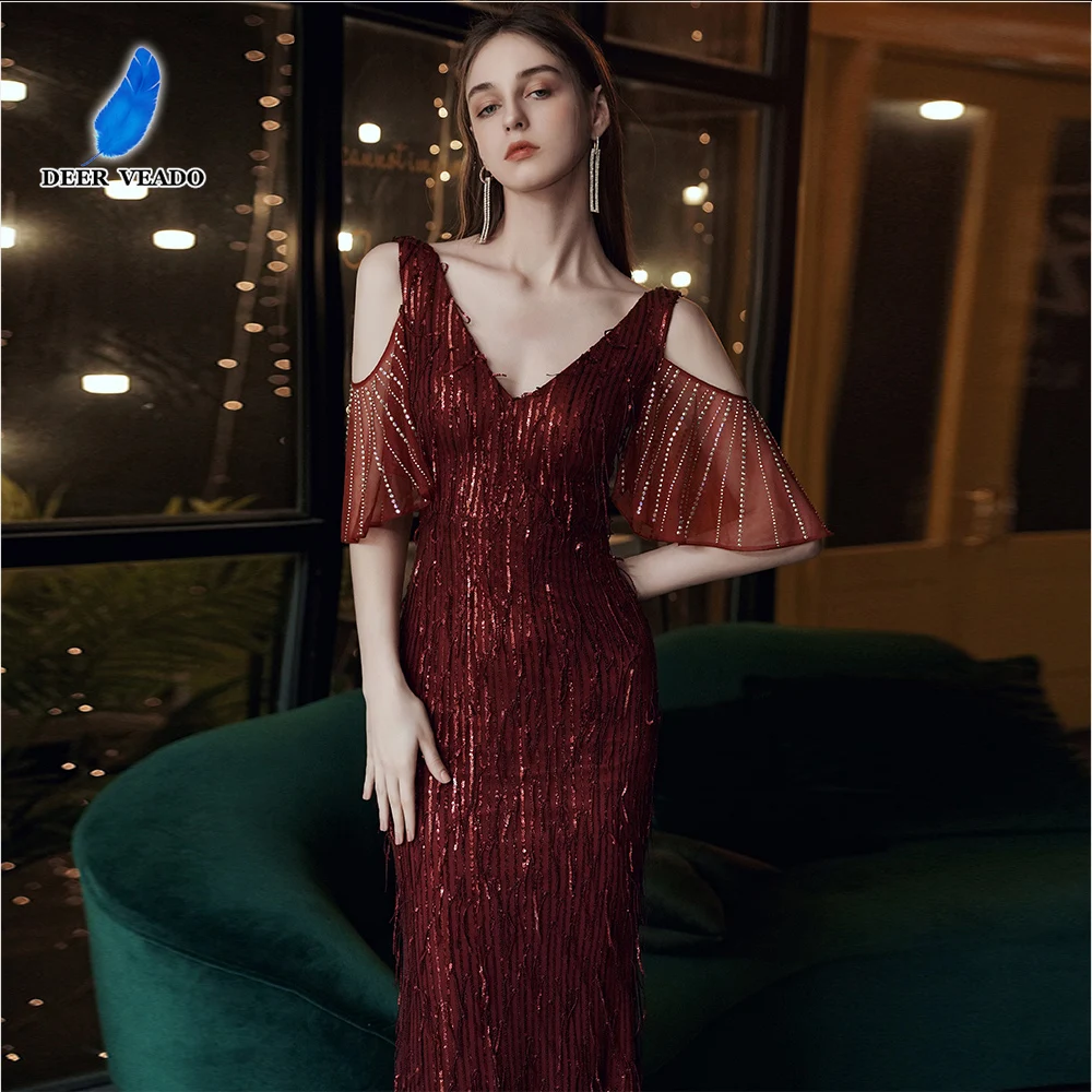 

DEERVEADO 7 Colors Mermaid V-Neck Sequins Evening Dresses Woman Elegant Off the Shoulder Tassel Wedding Party Dresses Prom Gowns