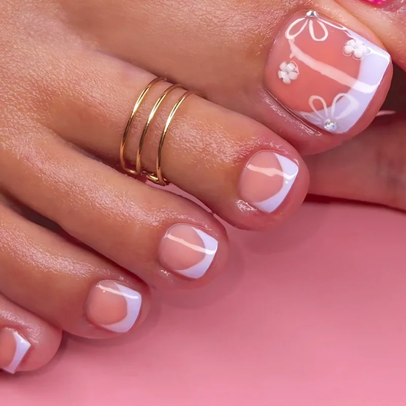 

24pcs French Floral Toe Nail Wraps-Elegant White Edge with Glossy Pink and Flower Accents Short Square Press-On Nails for Women