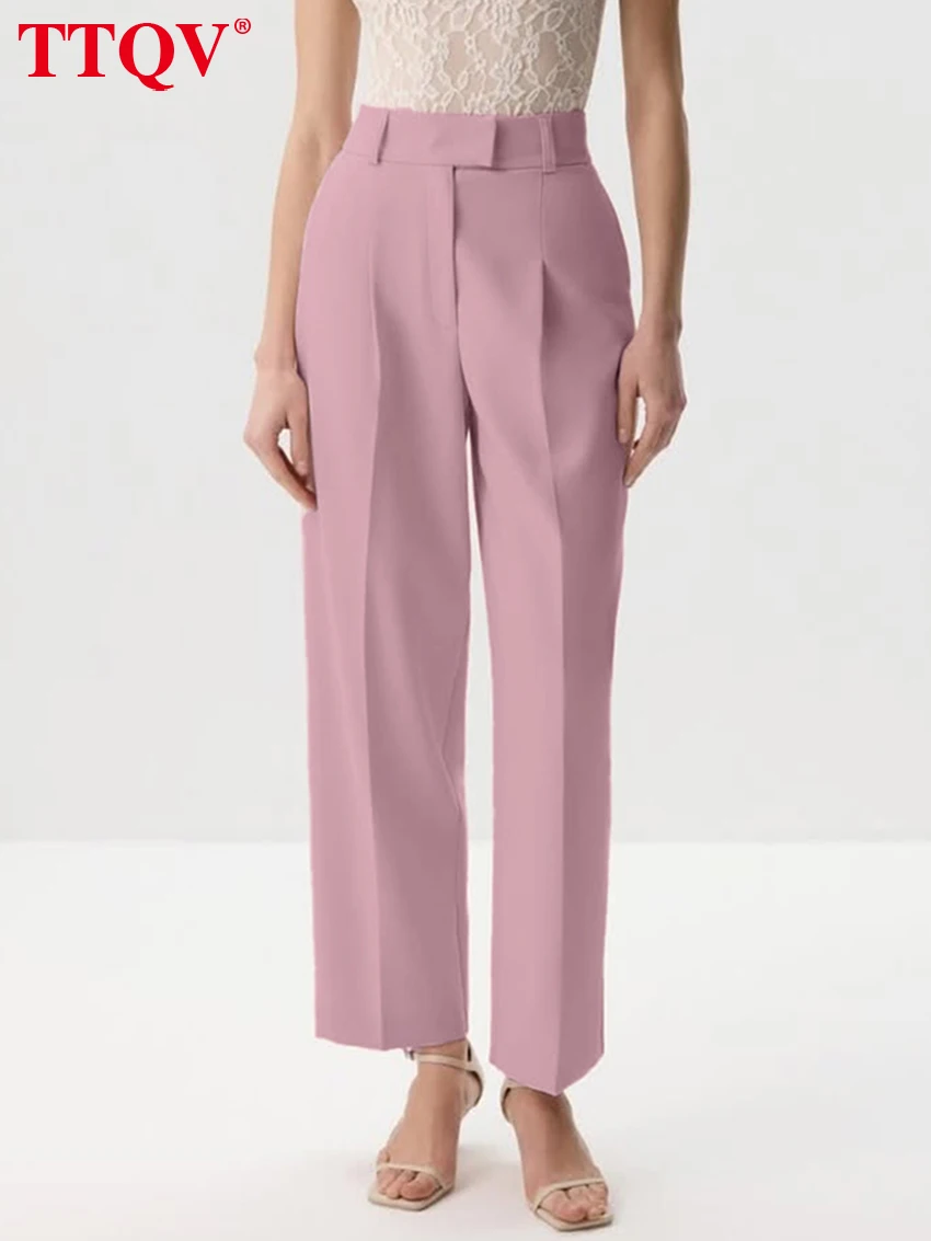 

TTQV Fashion Loose Pink Office Women's Pants Casual High Waist Pencil Trousers Elegant Classic Solid Pants Female Clothing