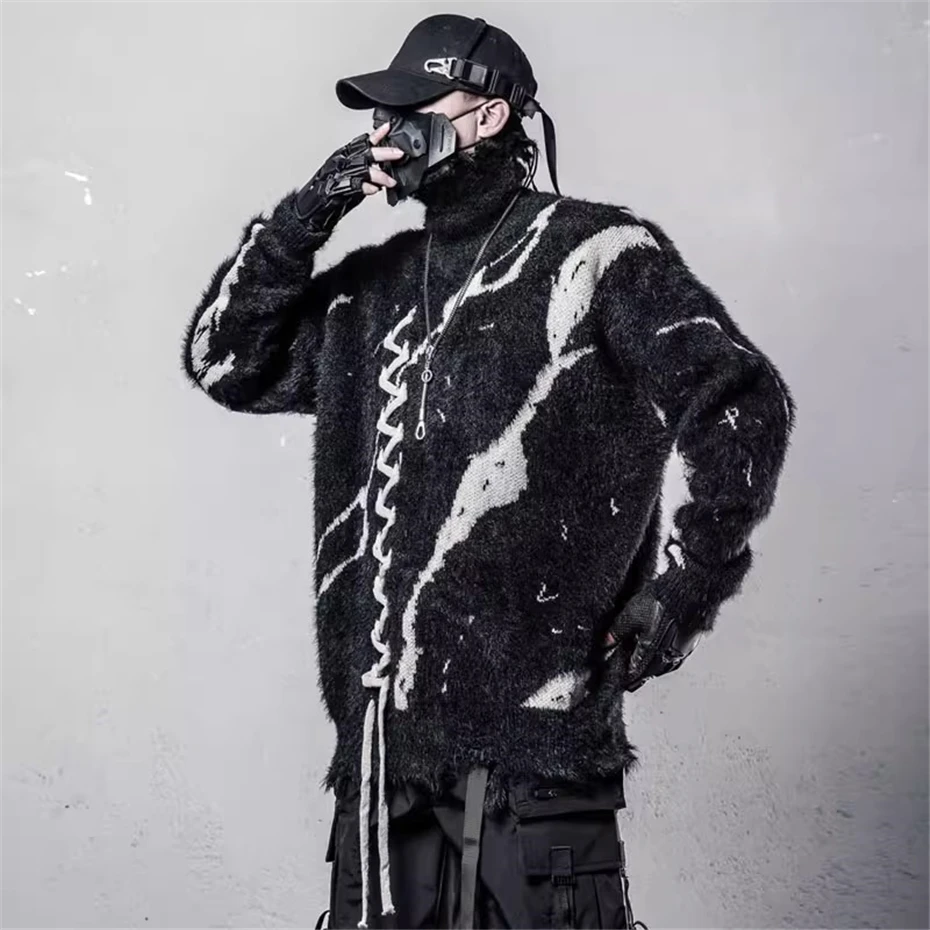 Mens Knitted Turtleneck Sweater Streetwear Hip Hop Color Block Pullover Men Oversized Harajuku Ribbon Decoration Casual Sweaters