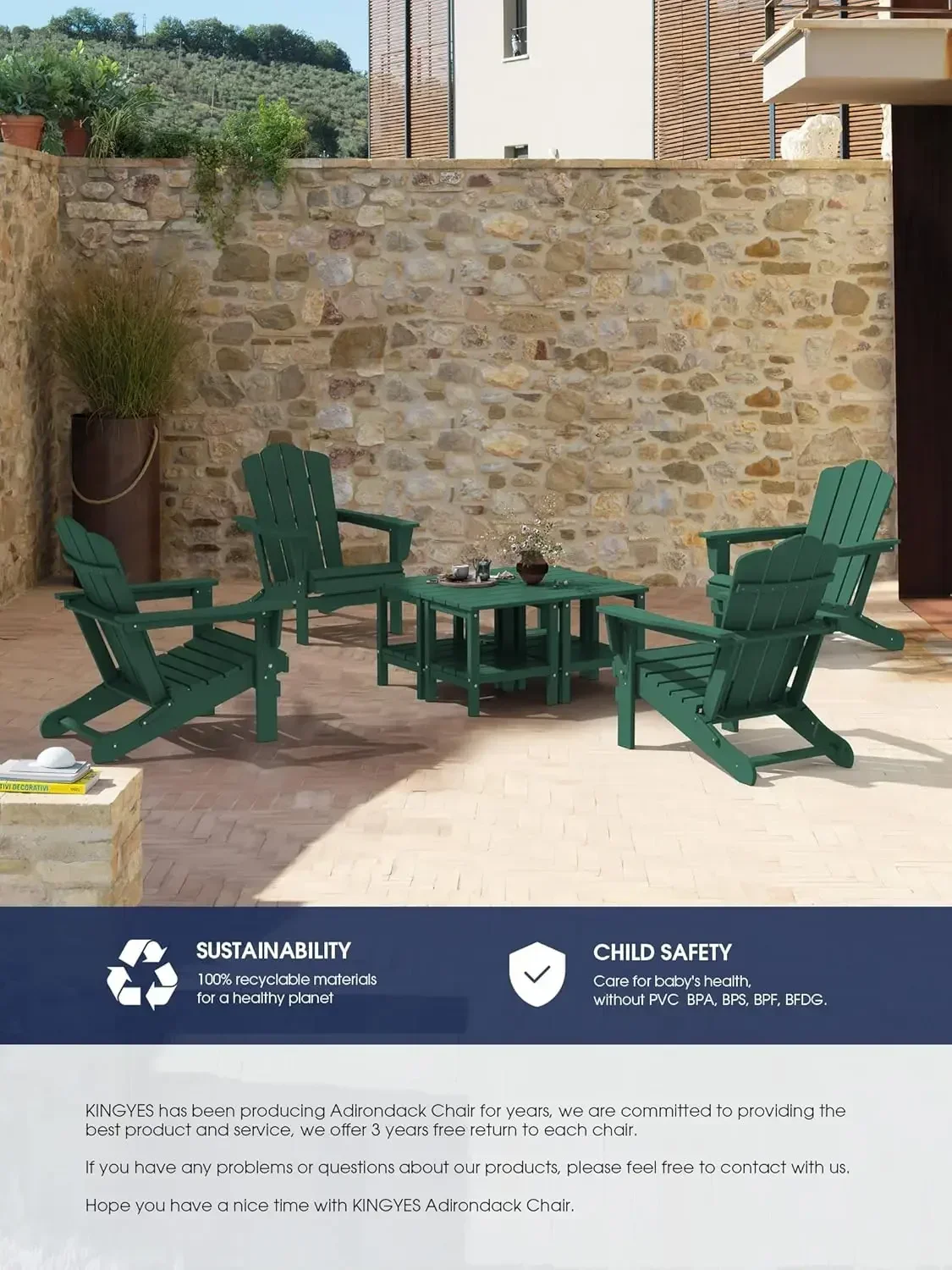 Folding Adirondack Chair, HDPE All-Weather Folding Adirondack Chair, Green