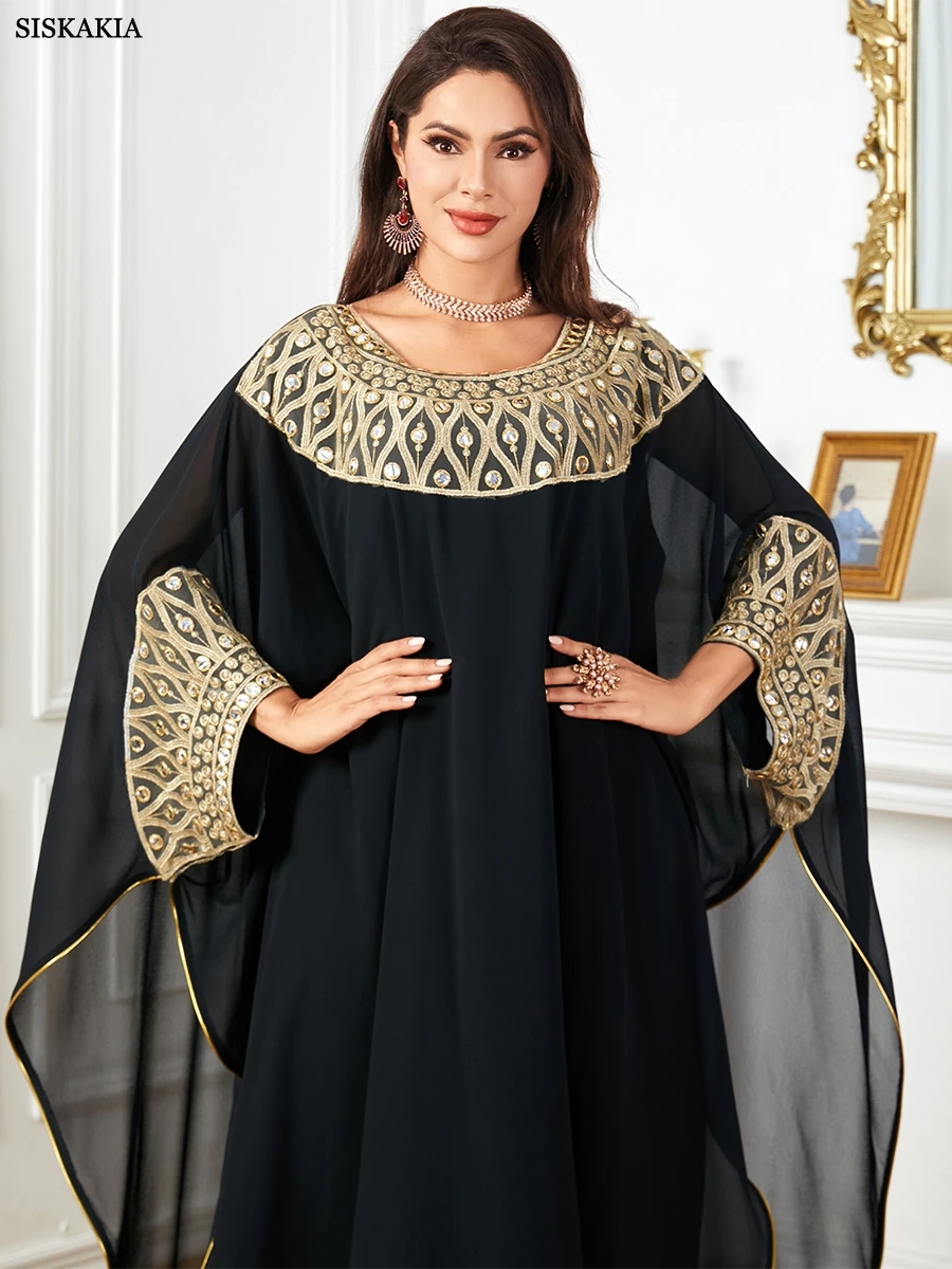 Siskakia Fashion Patchwork Gold Stamping Batwing Sleeve Crew Neck Loose Casual Dress Long Sleeves Moroccan Robe Jalabiya