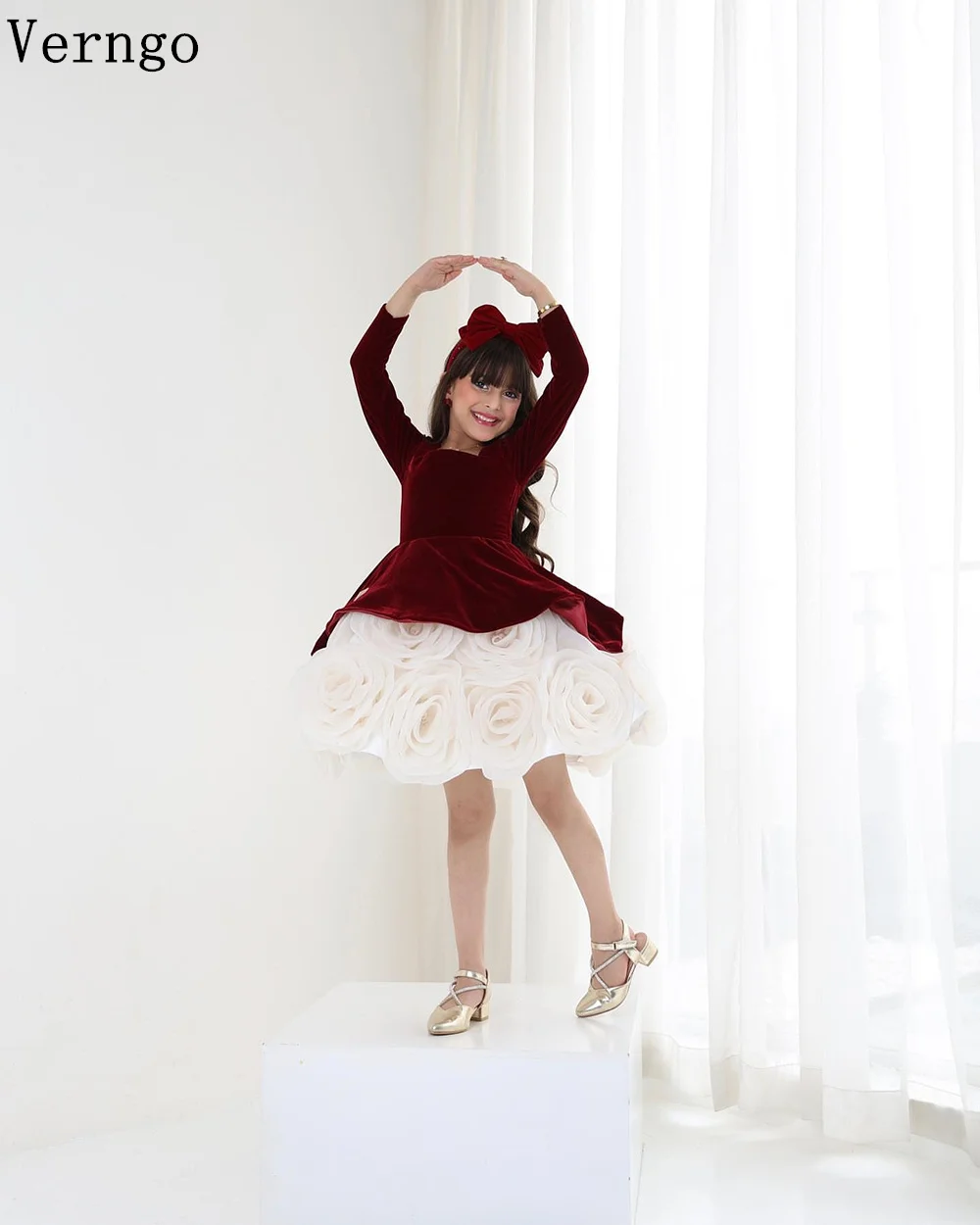 Verngo Burgundy Princess Girl Flowers Dress A Line Full Sleeves  Birthday Party Dress 3D Flower First Communion Dress Customized