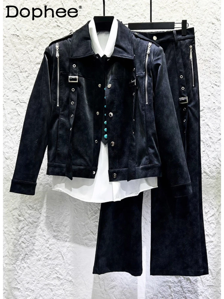 

2025 г., мужские осенние новые комплекты кожаных курток с металлическими лацканами, мужская стильная мотоциклетная куртка, куртка из искусственной кожи, свободные длинные брюки, комплекты из двух предметов