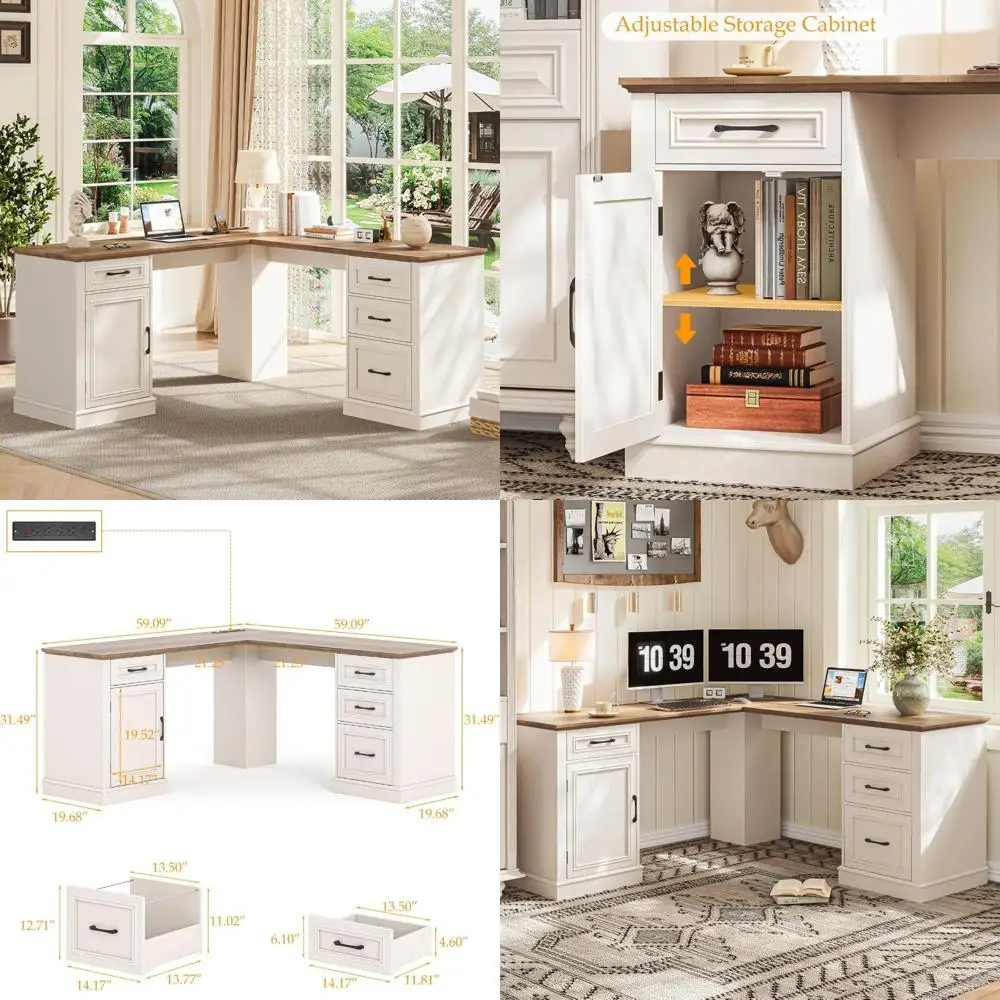 مكتب الزاوية التنفيذي للمكتب المنزلي: مكتب خشبي على شكل حرف L مع محطة شحن وأدراج وخزانة تخزين #1