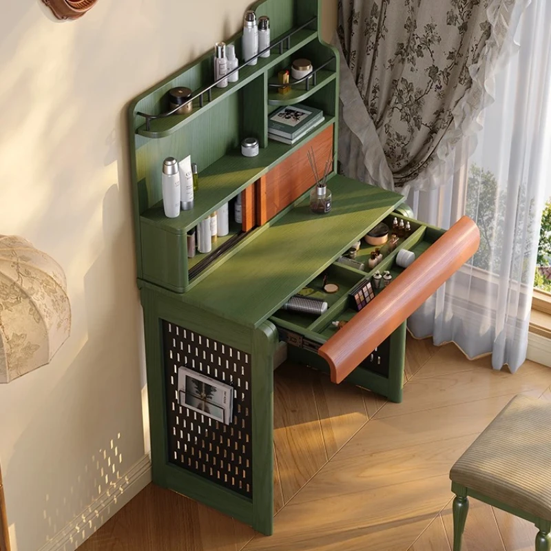

French Retro Solid Wood Vanity Table with Shelf, Space-Saving Bedroom Dresser in Antique Style