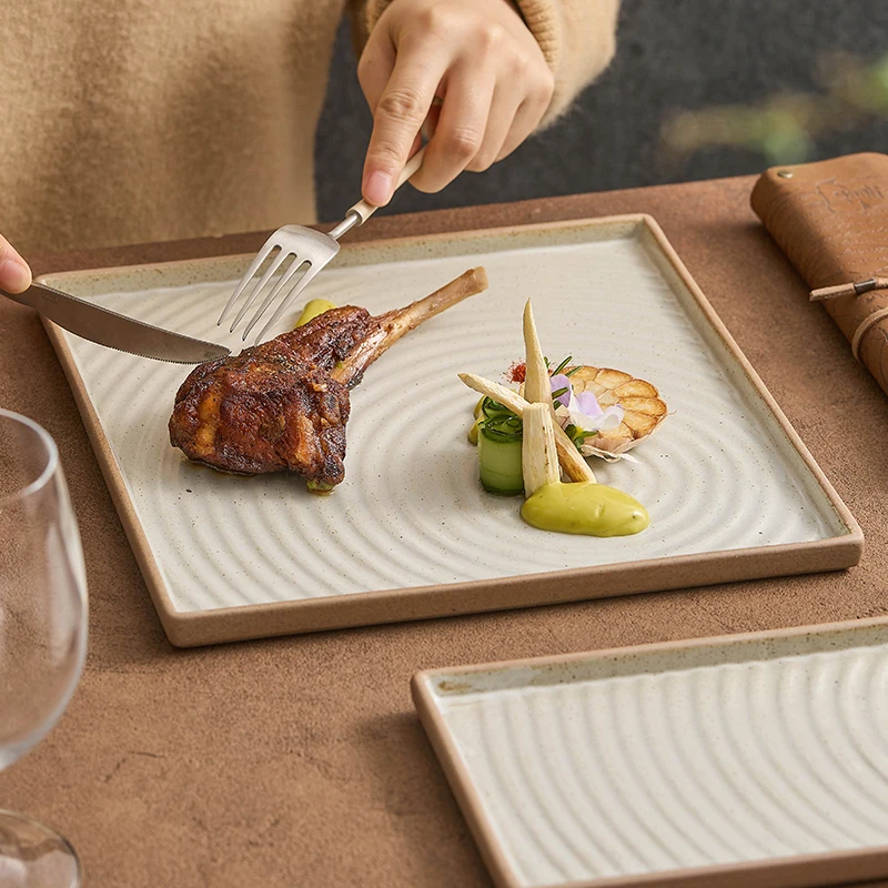 

Coarse Ceramic Thread Square Plate Western Steak Plate Restaurant Food Ornaments Dessert Plate Kitchen Tableware.