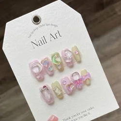 Handmade Pink Press on Nails Y2k Cute Short Star Decration Reusable Adhesive False Nails with Glue Acrylic Full Cover Nail Tips