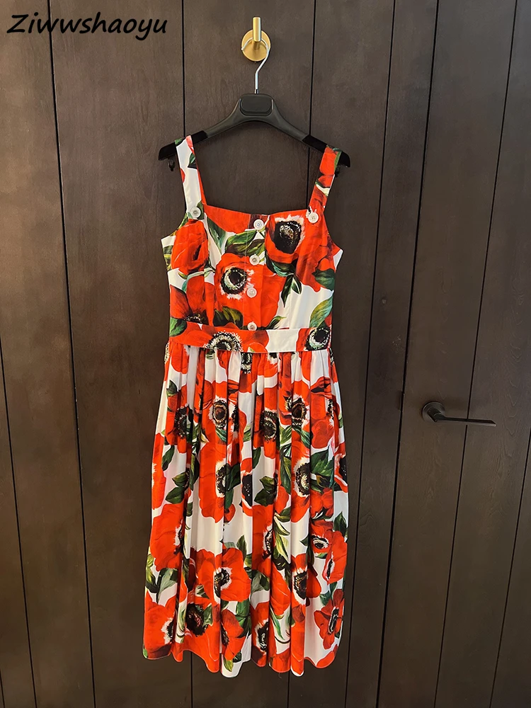 

High Quality Summer Women Fashion Runway Designer Sexy Spaghetti Strap Safflower Printed Belt Holiday Big Swing Cotton Dresses