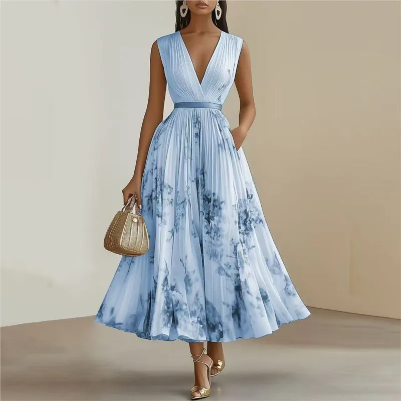 Sexy tiefes V-Ausschnitt ärmelloses Partykleid, drapiertes langes Kleid für Damen, modisches Blumenmuster, plissierte Kleider, Boho-Sommer, elegantes A-Linien-Kleid