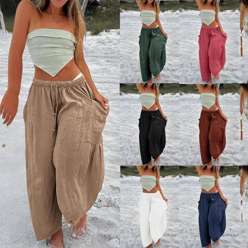 

Европейские и американские женские эластичные талии, плиссированные широкие брюки с высокой талией, свободные повседневные брюки из хлопка и льна