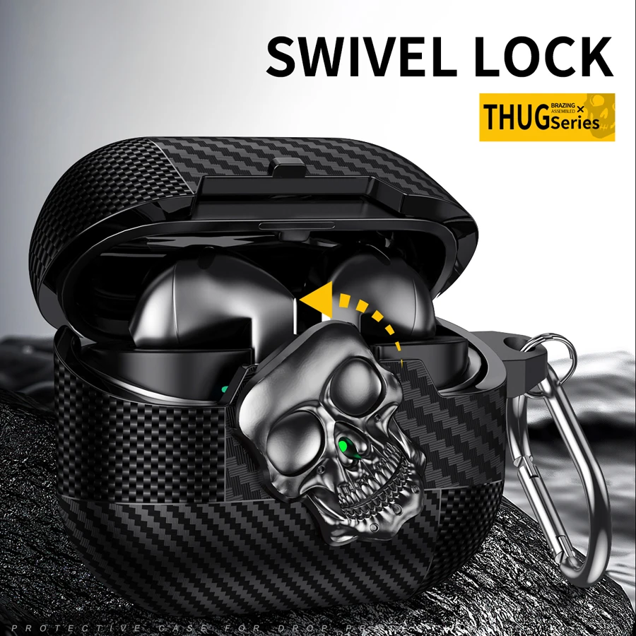 Suit Thug Skull Series Headphone Case For Samsung Galaxy Buds 3 Pro/ Buds 3 Magnetic Headphone Case Carbon Fiber Case With Hook