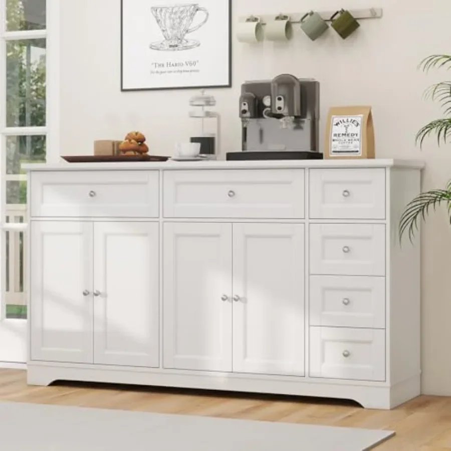 Large Buffet Cabinet for kitchen or living room use, engineered wood in matte white, with modern design, 4 doors, 6 drawers, 2