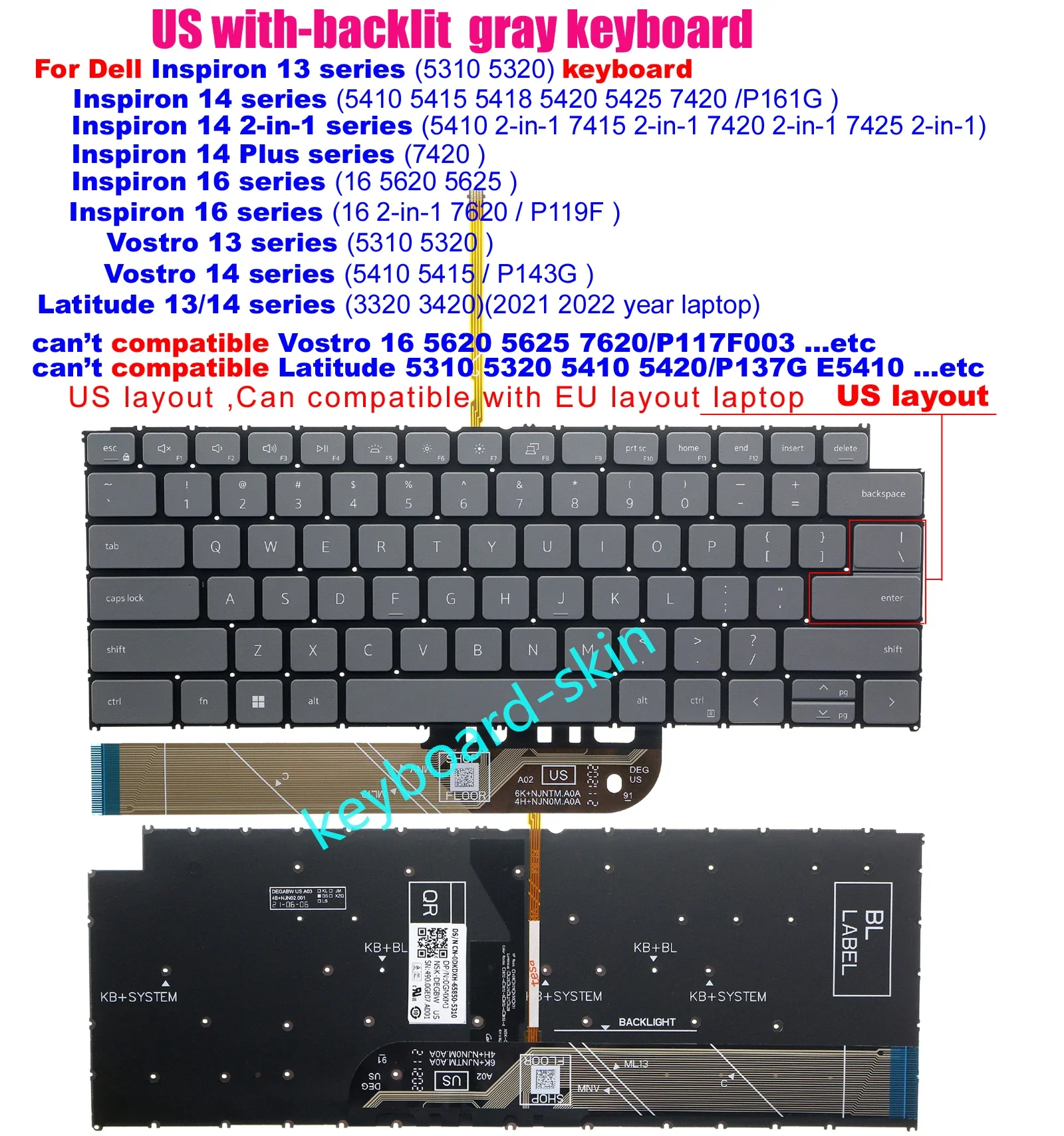 Eua Teclado Retroiluminado para Dell Inspiron 5310 5320 5410 5418 5420 5425 7415 7425 2-em1 16 5620 5625 7620 P119f P161g 14 Plus 7420