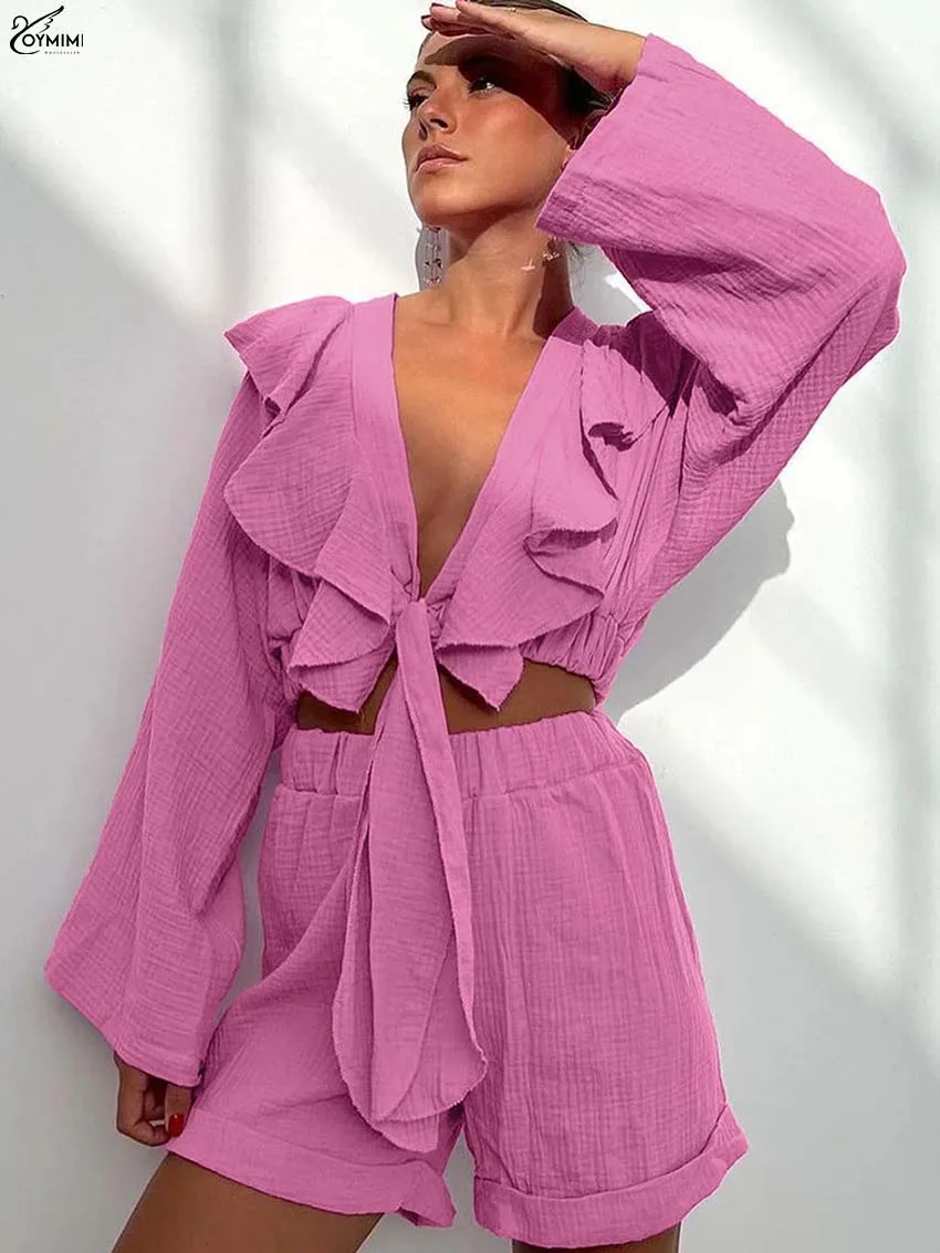 

Oymimi Fashion Pink Cotton Set Woman 2 Piece Elegant V-Neck Long Sleeve Ruffled Lace-Up Crop Tops + High Waist Simple Shorts Set