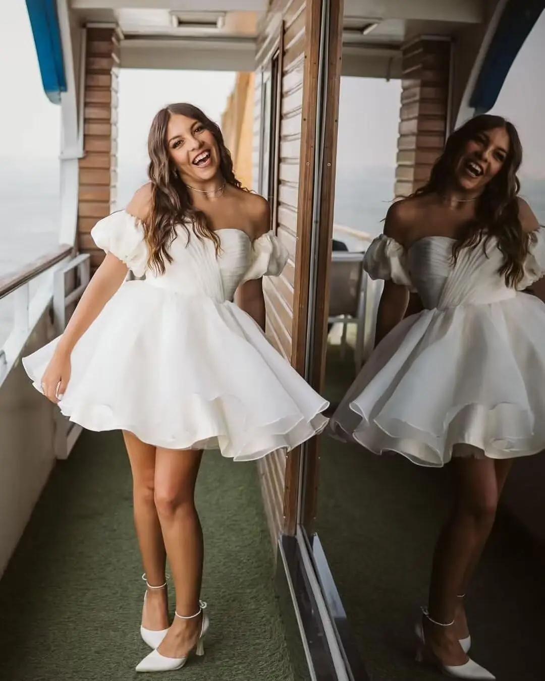 

Puffy Sleeves Short Wedding for Bride Off Shoulder Satin Prom Dresses A Line Homecoming Formal Evening Party Gowns