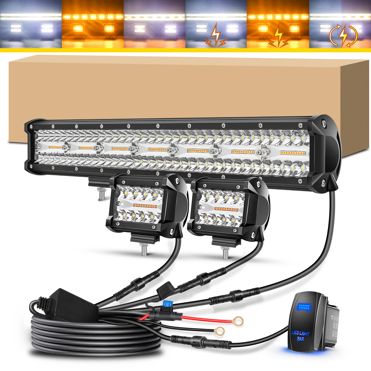 

20Inch LED Light Bar 2PCS 4Inch Light Pods Kit-3 Lead Amber White Strobe 6 Modes Memory Function Reset Function Off Road Truck