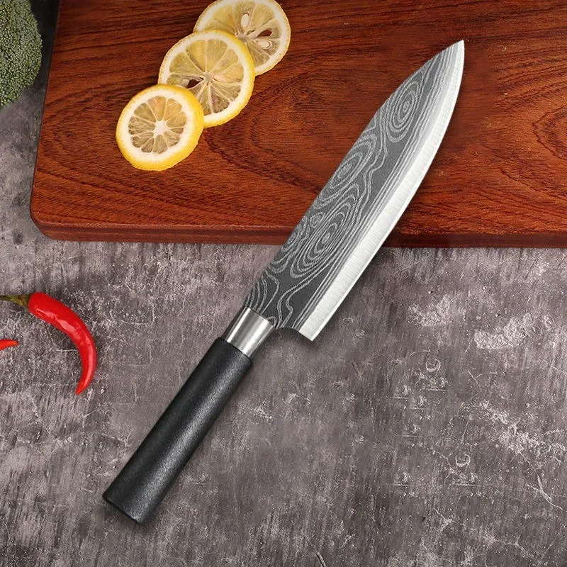 Laser Damascus Pattern Utility Kitchen Knives Scissors Sharpening Rod Set Stainless Steel Sharp Slicing Chef knife Cooking Tool image 6