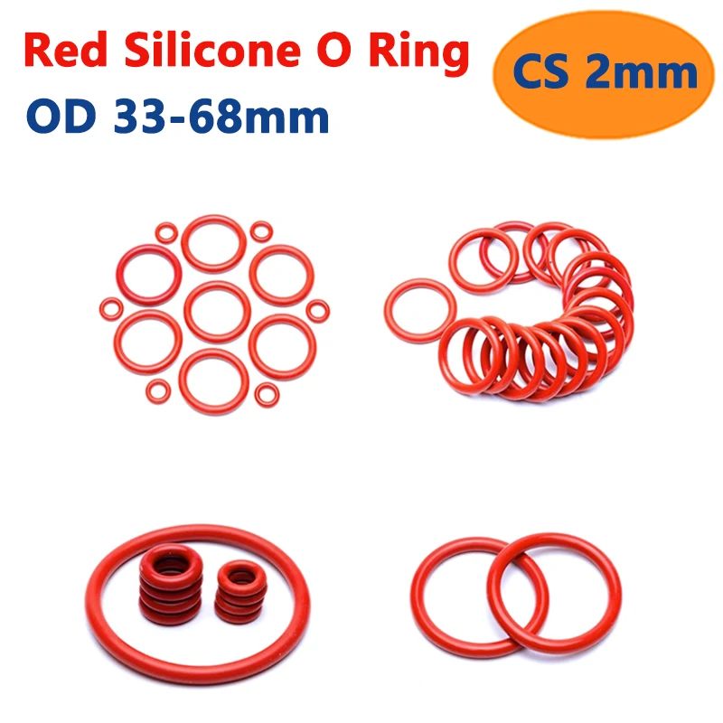 

Red Silicone O Ring CS 2mm OD 33/34/35/36/37/38/39/40/41/42-68mm VMQ Silicon O-Ring Waterproof Insulated Rubber Sealing Gasket