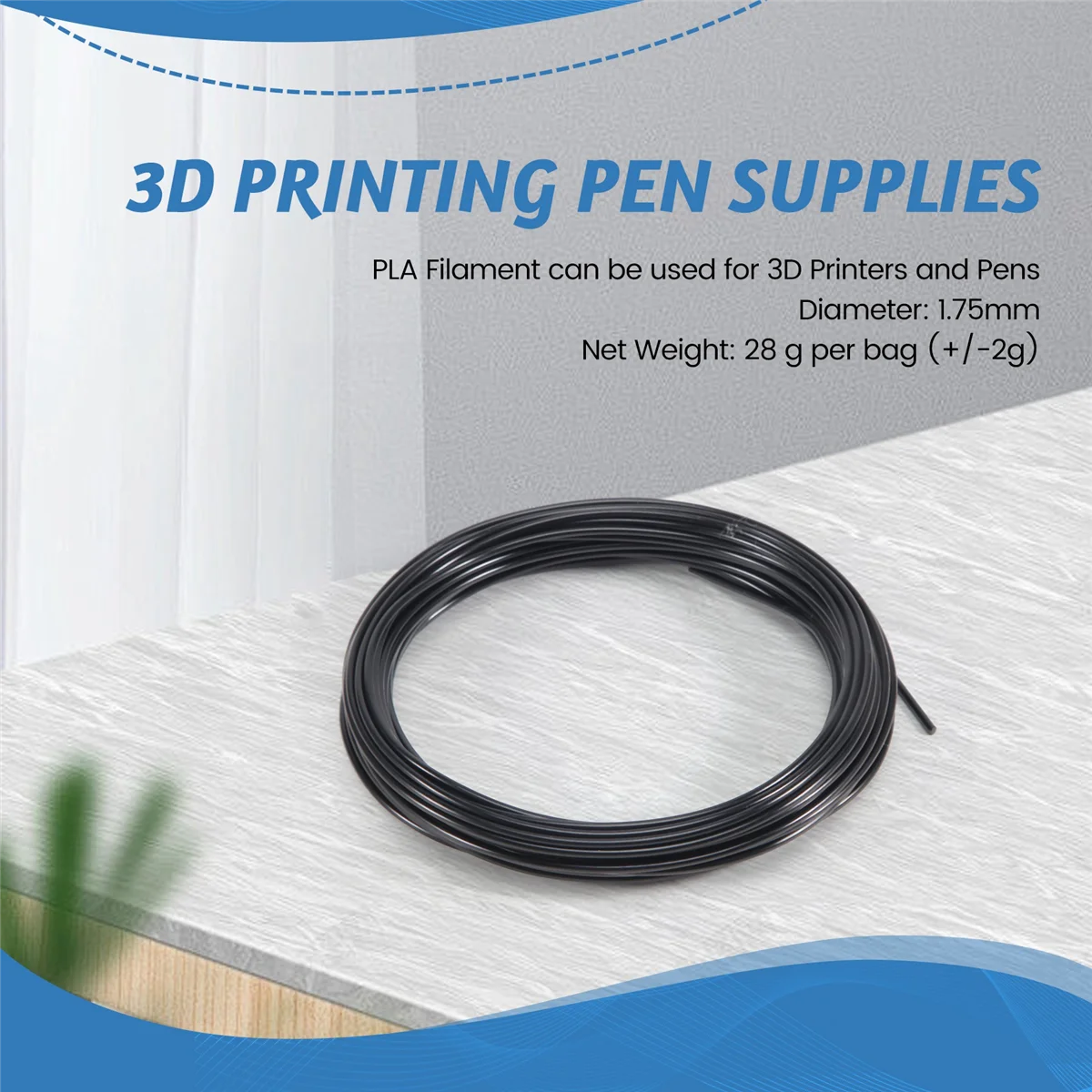 Filament pour stylo d'imprimante 3D, PLA noir, 1.75mm, 10m